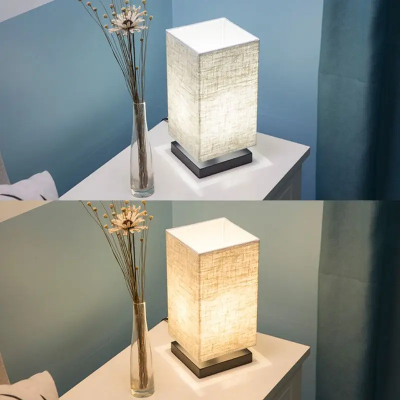 Fabric Shade Bedside Table Lamp With Solid Wood Base Minimalist Night Light