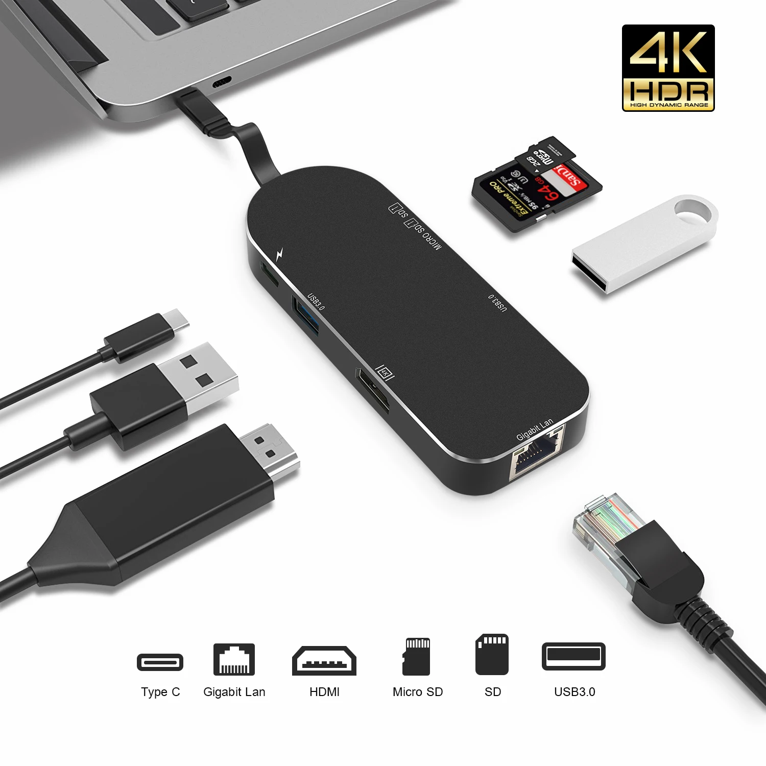 USB C концентратор HDMI USB-C Ethernet адаптер для Macbook Pro Thunderbolt 3, type C концентратор гигабитная Lan 4k кард-ридер+ type-C питания - Цвет: Black