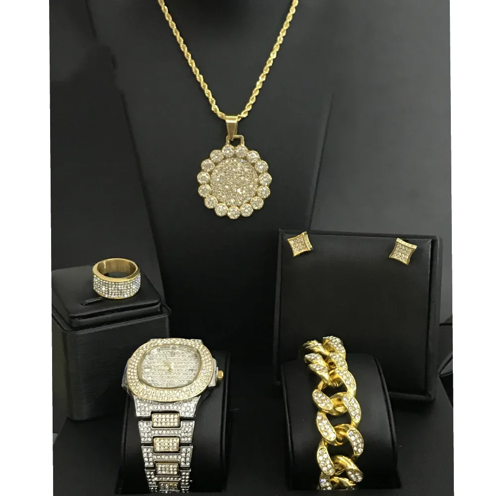 

Diamond Men Watch Hip Hop Watch &Necklace & Bracelet &Earrings &ring Combo Set Ice Out Cuban CASHED OUT DAYLY Pendant NEW