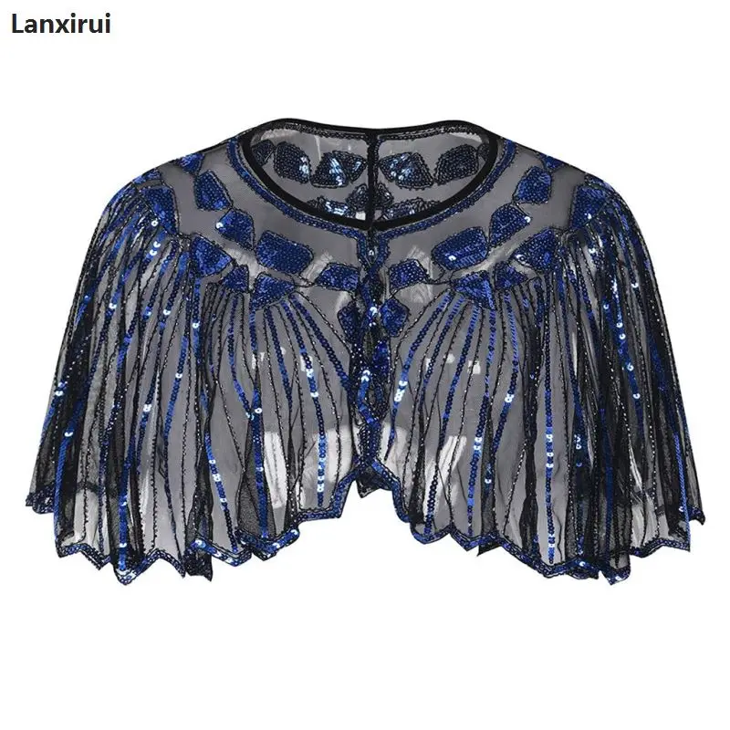 Женская шаль 1920 s, вечерняя накидка, накидка, расшитая бисером и блестками, женская элегантная одежда для вечеринок, сценическое представление - Цвет: Синий