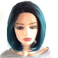 Ombre Blue Mixed with Green Synthetic Lace Front Wig with Black Roots, Short Bob Wig with Middle Parting Heat Resistant Hair Wig for Women-3