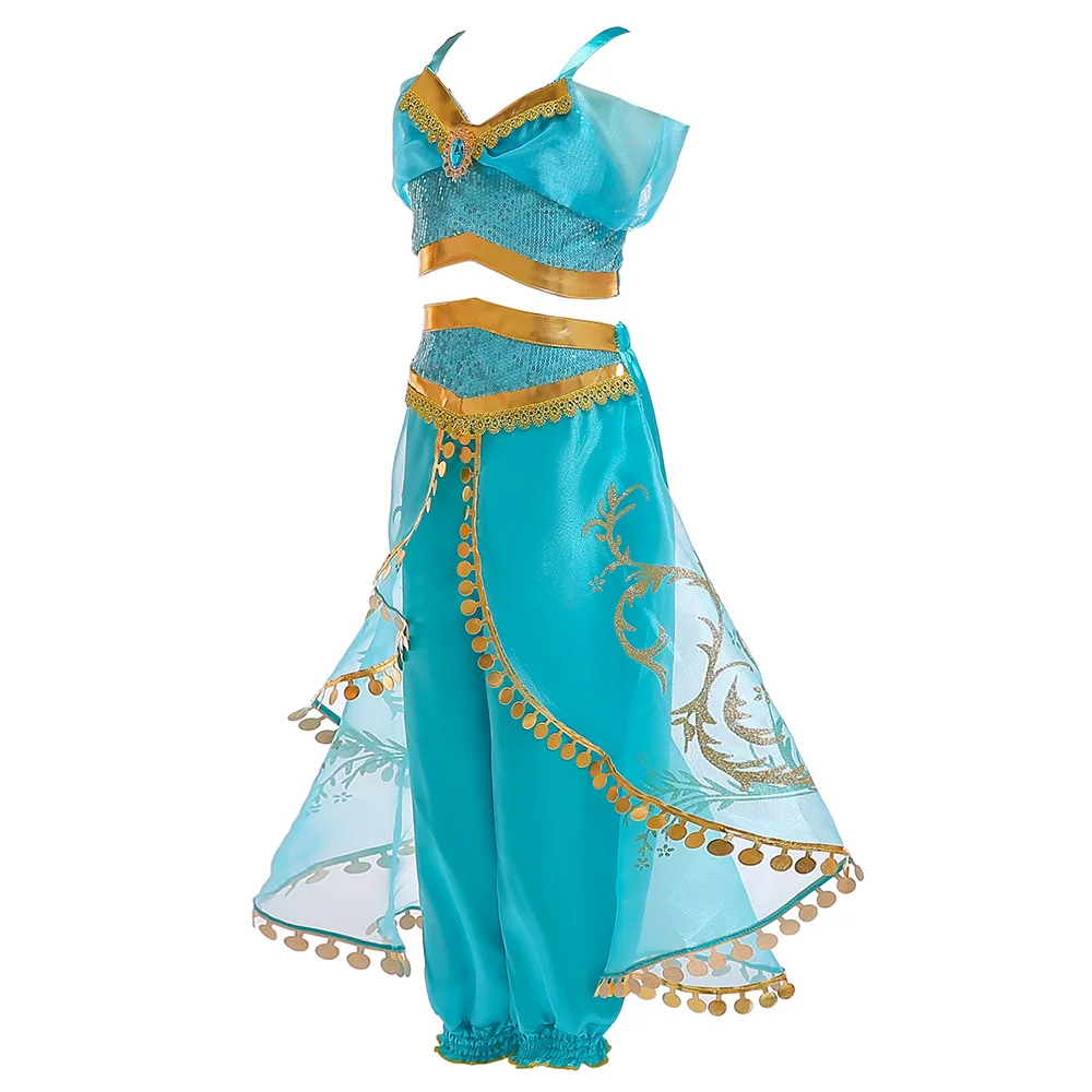 Костюм жасмин для девочек, детское летнее платье принцессы для танцев, Аладдин, маскарадный костюм, Рождественский топ и штаны