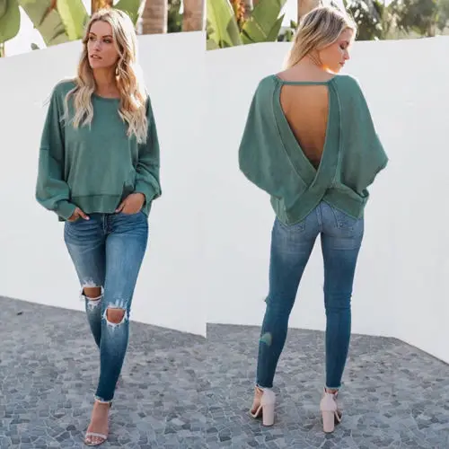 

Womens Long Sleeve Backless Warp T-Shirt Tops Ladies Casual Loose T-Shirts