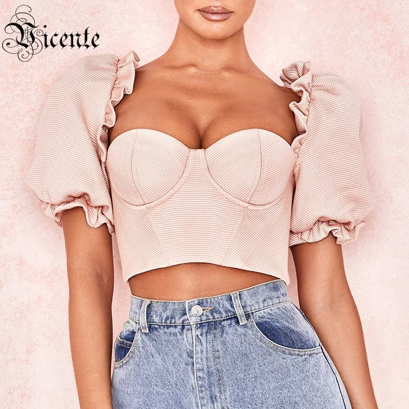 

Vicente 2019 Hot New Trendy Pink Tops Elegant Puff Sleeves Short Sleeves Back Zipper Design Celebrity Party Tops