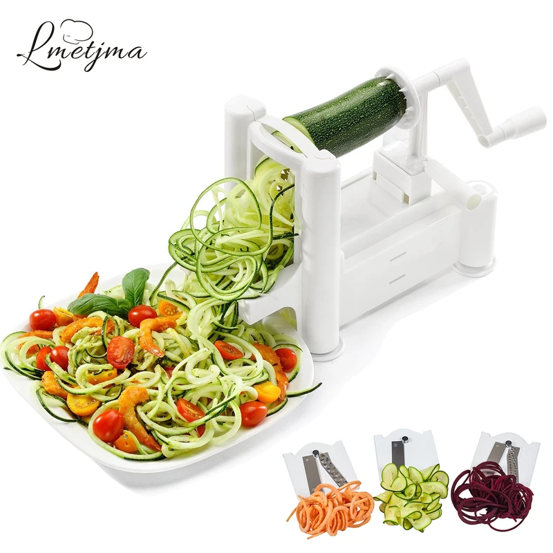 

LMETJMA Veggie Spiralizer Vegetable Slicer With 3 Stainless Steel Blades Manual Vegetable Spiral Slicer Grater Tools LK0915A