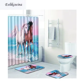 

Free Shipping 4Pcs Morning Sea Horse Banyo Bath Mats Set Anti Slip Bathroom Tapete Banheiro Washable Toilet Rugs Alfombra Bano