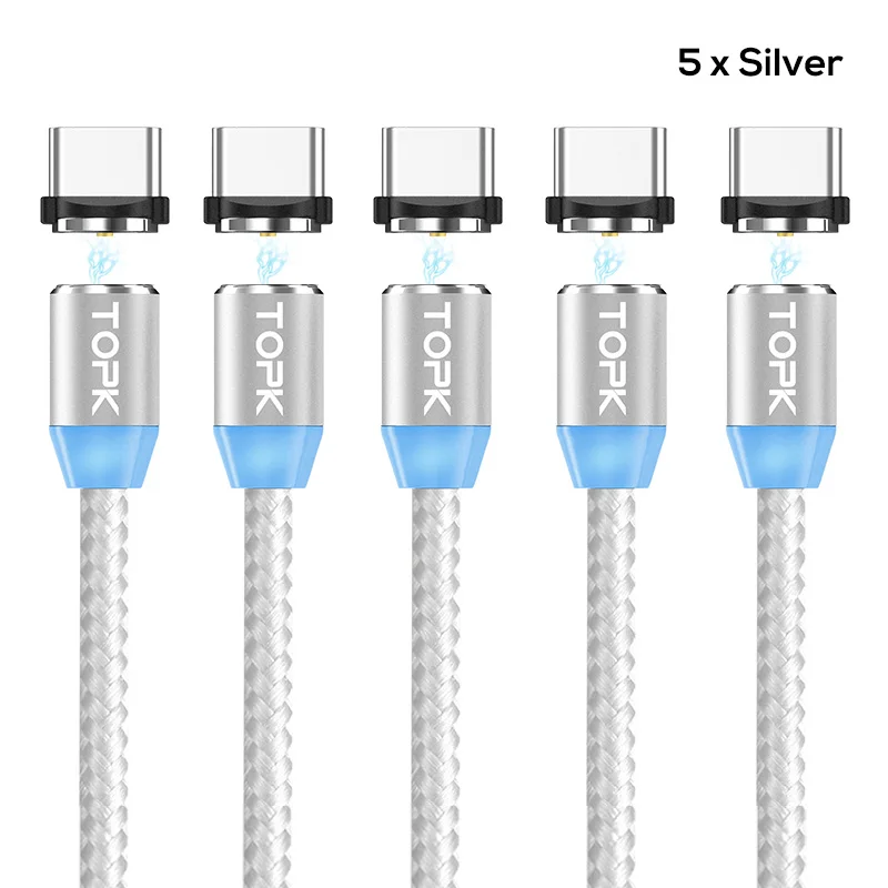 TOPK [5-Pack] R-Line2 светодиодный магнитный кабель usb type C для samsung Galaxy Note 9 One Plus 6 type-C USB C зарядный кабель - Цвет: 5 x Sliver Cable