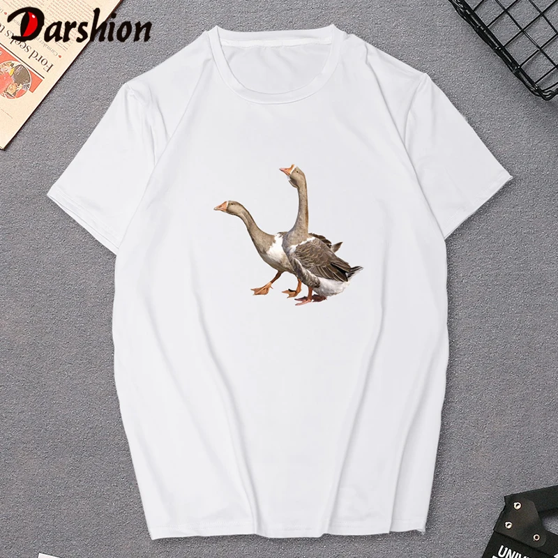 

2019 Summer Funny t shirt women Cute Two Goose Printed t shirt Short Sleeve O-Neck womens tee shirts Streetwear Harajuku t shirt