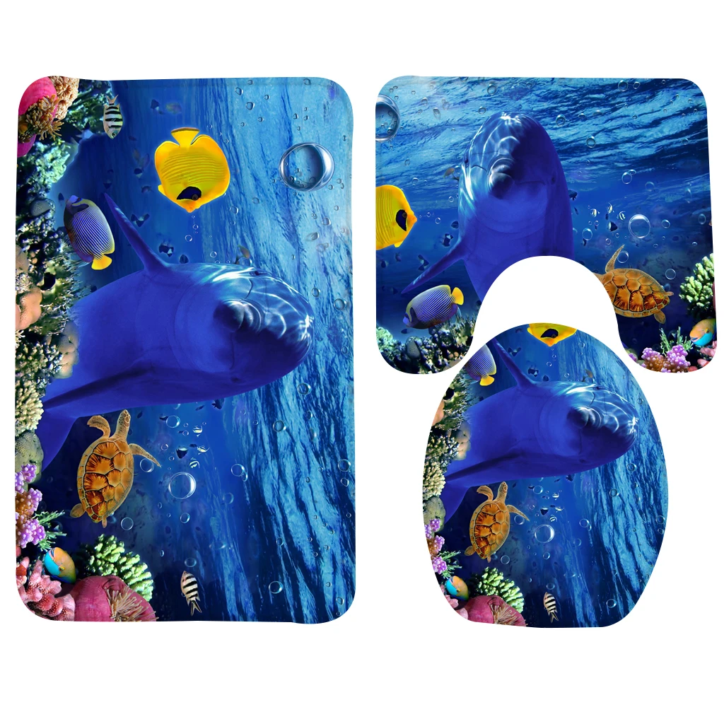 Cartoon Bathroom Mat Sets 3pcs Dolphin Underwater Pattern Non Slip Bath