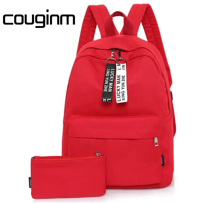 

COUGINM New Arrival Women Canvas Backpack 2 PCS/Set Fashion Letter Band High College School Students Shoulder Bag Waterproof Bag