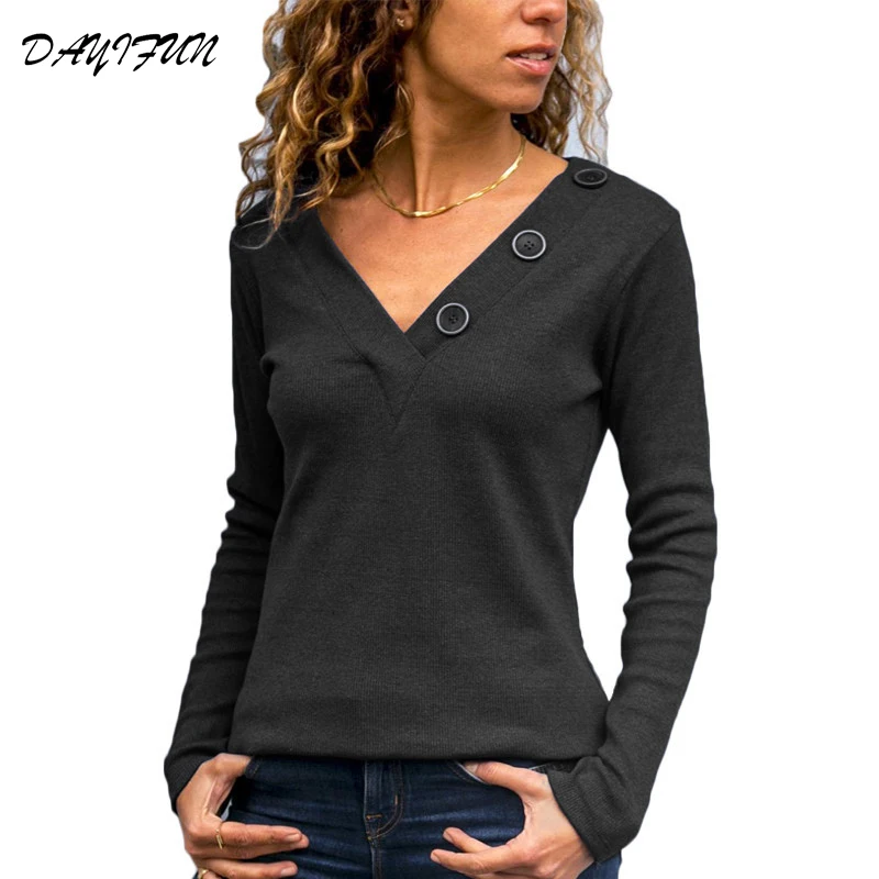 

DAYIFUN 2019 Spring Long Sleeve Knitted Shirt Top Fashion V Neck Button Ladies Long sleeve Casual Solid Shirt Blusas 7451