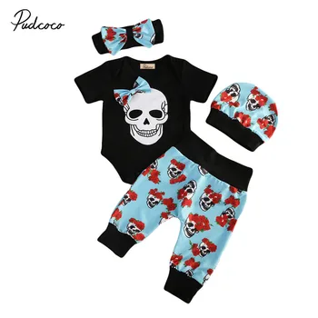 

Newborn Baby Boys Skull Clothes Top Romper Cotton Pants Hat Headband 4PCS Outfit Set 0-24M
