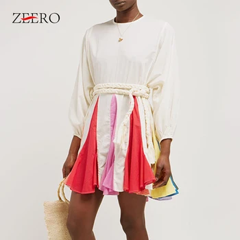 

New Women Dress Summer Hit Color Patchwork O Neck Puff Sleeve Bandage Mini Dresses Elegant Female 2019 Casual Vintage Vestidos