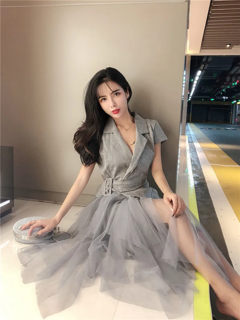 fashion women dresses gray sheer mesh patchwork notched collar Short sleeve a-line bohemian Midi dress