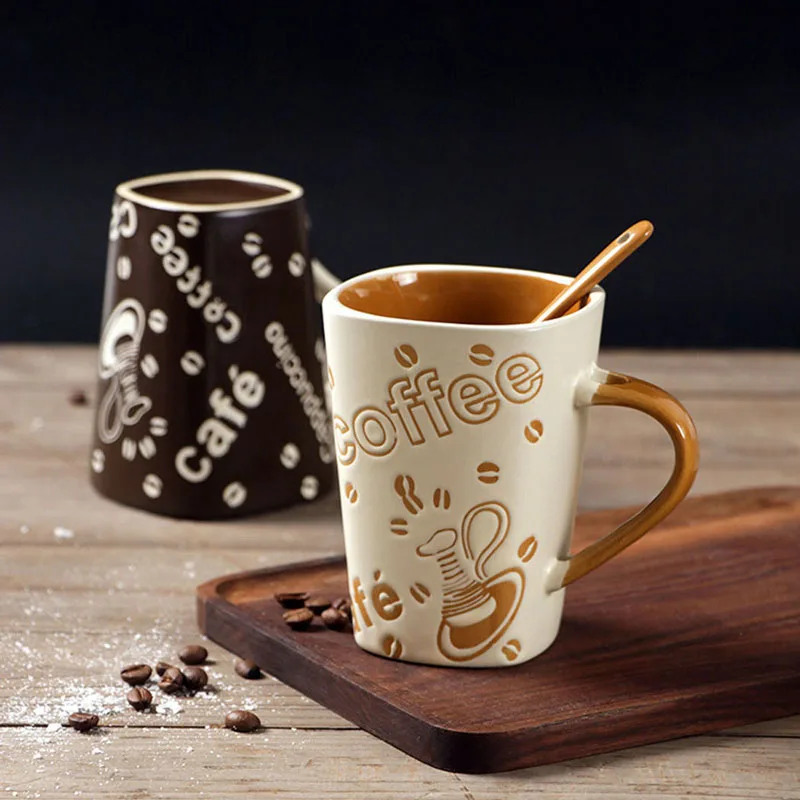 buy Creative Ceramic Milk Coffee Mug Cup With Spoon 3D Letters Embossed Drinkware For Family Brief Juice Water Porcelain Cup 360ml