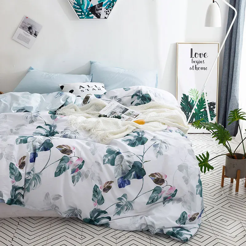 Тропическое постельное белье с узором из листьев, комплект, одинарный двойной Quen King size, хлопок, наволочки, натуральный пододеяльник, пододеяльник, покрывало для кровати