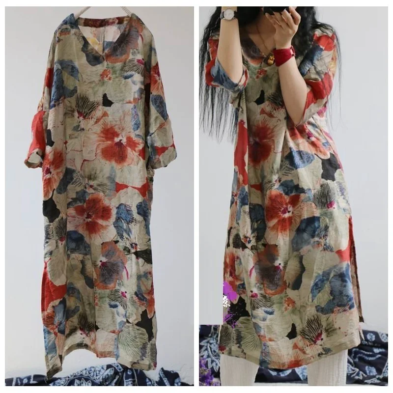 Женское свободное платье из вискозы и льна с V образным вырезом|linen dress|linen dresses for