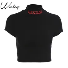 Weekeep, женская сексуальная укороченная водолазка, футболка, летняя, черная, хлопковая, с буквенным принтом, футболка, модная, уличная, тонкая талия, укороченный топ