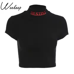 Weekeep Женская Сексуальная укороченная водолазка футболка Летняя черная хлопковая Футболка с буквенным принтом модная уличная облегающая