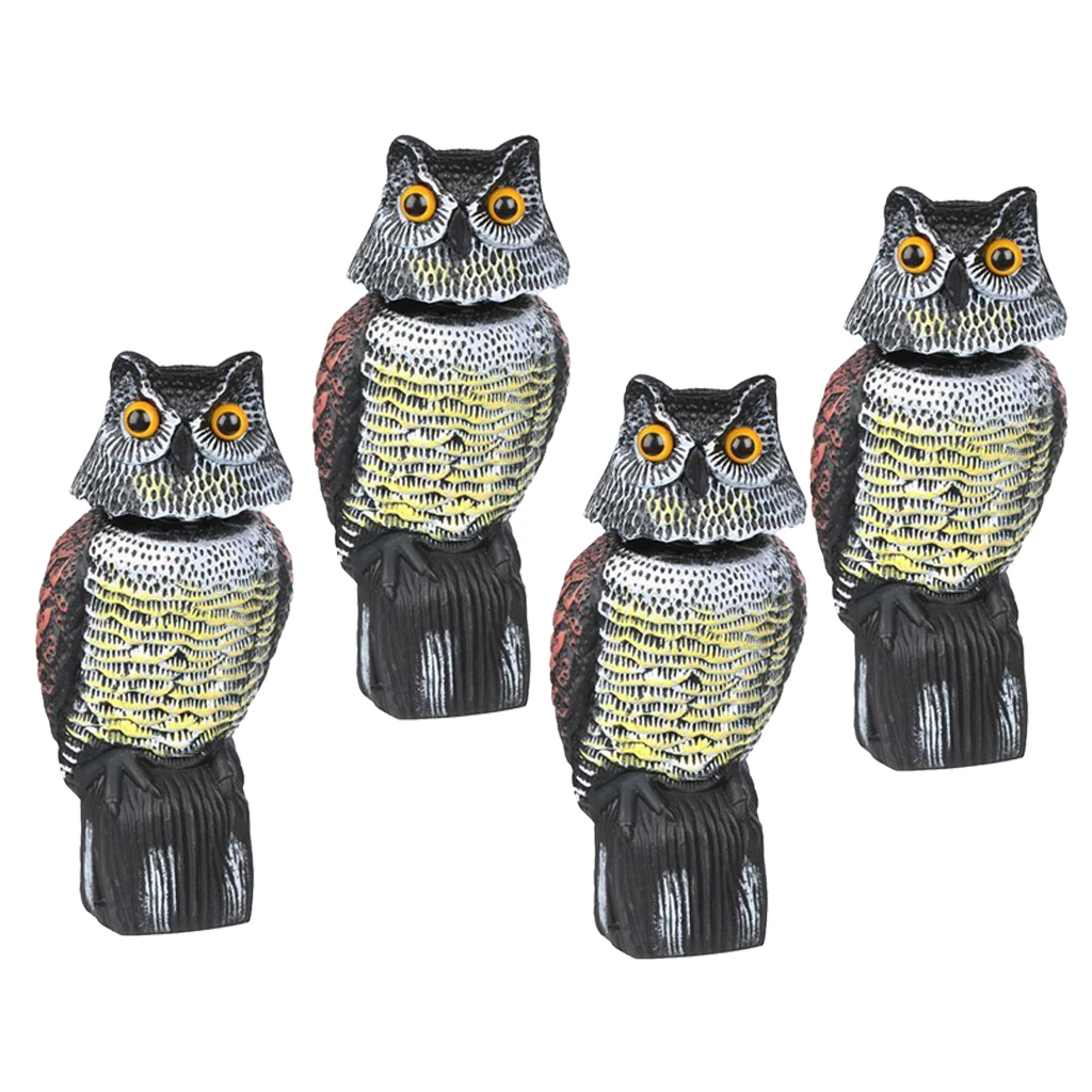 Large Realistic Owl Decoy w/ Rotating Head Bird Pigeon Crow Scarer Scarecrow, Pack of 4