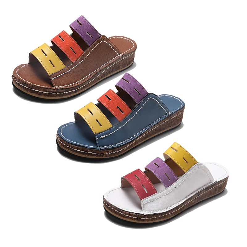 

Slippers Women Shoes Low Wedge Heel Summer Slides Chanclas Mujer Stitching Color Claquettes Femme Chaussure