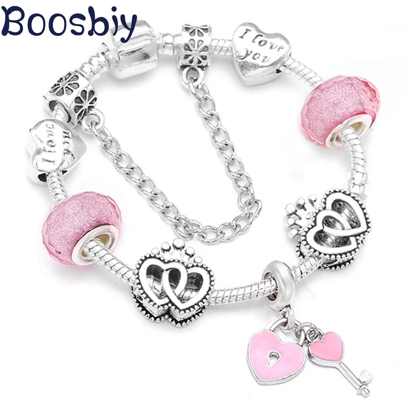 

Boosbiy Dropshipping Fashion Charm Bracelets For Women Jewelry With Pink Heart & Key Pendant DIY Pandora Bracelet Jewelry Gift