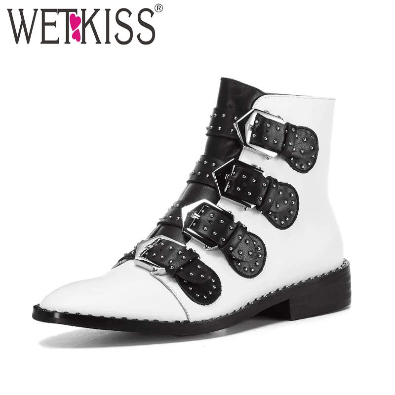 

WETKISS Genuine Leather Woman Ankle Boots Rivet Pointed Toe Footwear Buckle Autumn Fashion Boots 2019 Flat Sole Female Shoes