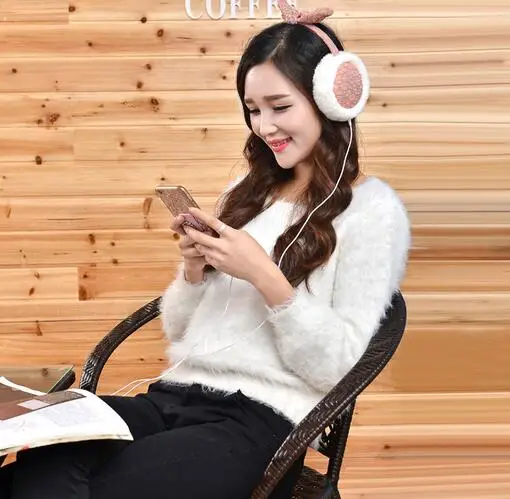 

Plush headphones winter ear warmer earmuffs music Lace earmuffs Headphone for Girls