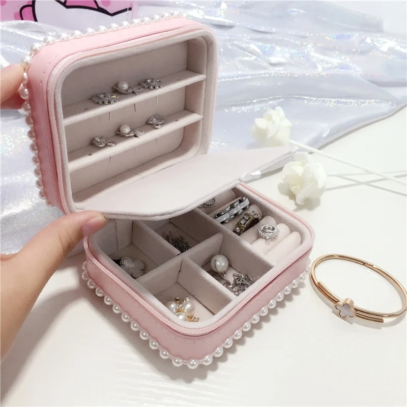 

Loveliness double layer Pearl decoration Jewelry box Watch Case Jewelry Storage Organizer Boxes Ring Bracelet Box Wedding Gift