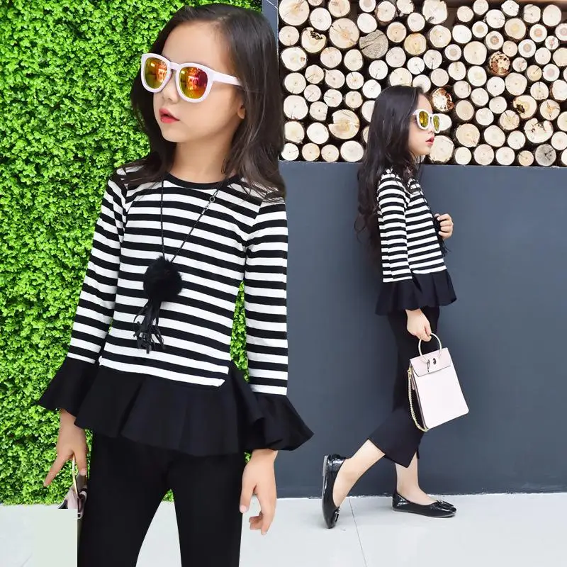 

2018 Spring Kids Clothes Set Toddler Girls Clothing Sets Girl Clothes Suit Summer 2pcs Outfit Striped T-shirts + Pants 10 12 14