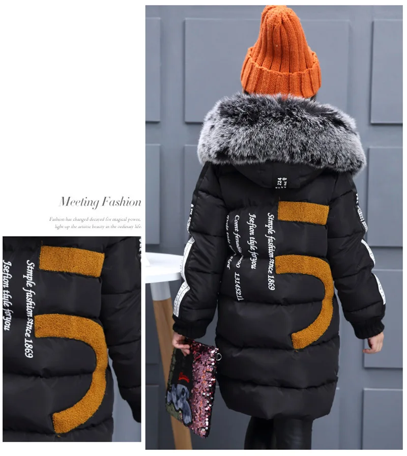 2018 Faux Fur Hood Jacket for Girls Children Snow Wear Parka Thick Cotton-Padded Winter Jacket for Children Christma Winter Coat (1)