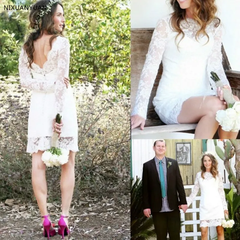 

Vestido De Noiva Com Renda 2019 Boho Style Fashion Knee-length Short Lace Wedding Dress with Long Sleeves