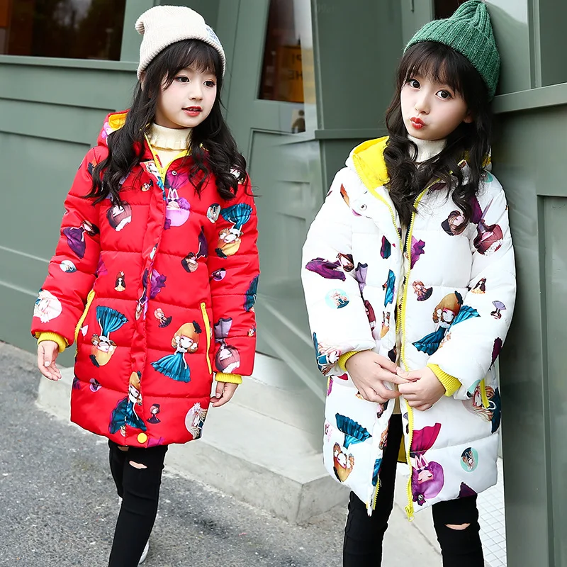 

2017 New Winter Clothes for Girls Hooded Long Warm Cotton Padded Coat Cute Cartoon Printed Girls Outerwear
