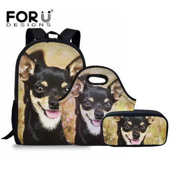 

FORUDESIGNS 3 Pcs School Bags Set for Teenager Girls Chihuahua Printing Cute Children Backpack Schoolbag Kit School Accessories