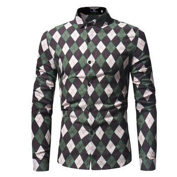 

Brand 2018 Fashion Male Shirt Long-Sleeves Rhombus Block Lattices Tops Simple Pattern Mens Dress Shirts Slim Men Shirt XXXL
