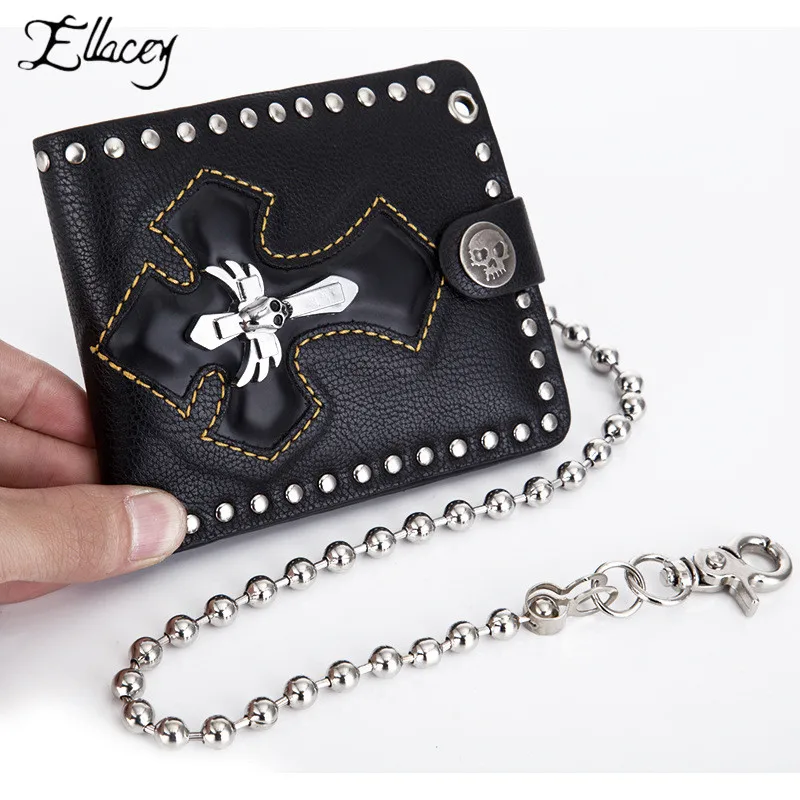 

Punk Retro Skull Men's Wallet Vintage Metal Rivets Zipper Purses With Chain Black Brown Rocker Stylish Cross Wallet For Men