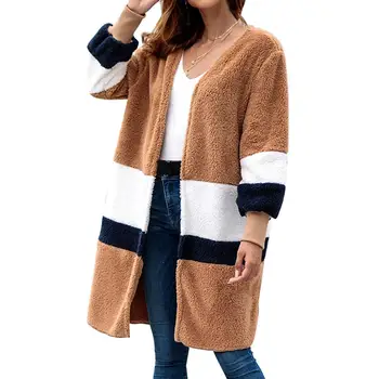 

Fashion Stripe Splicing Women's Autumn Winter Soft Warm Loose Long Cardigan Coat