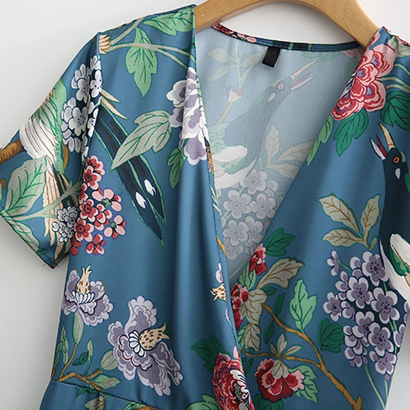 ShejoinSheenjoy Women Vintage Bird Floral Print Maxi Dress V neck Short Sleeve Side Zipper Retro Mid-Calf Casual Ladies Dresses (5)