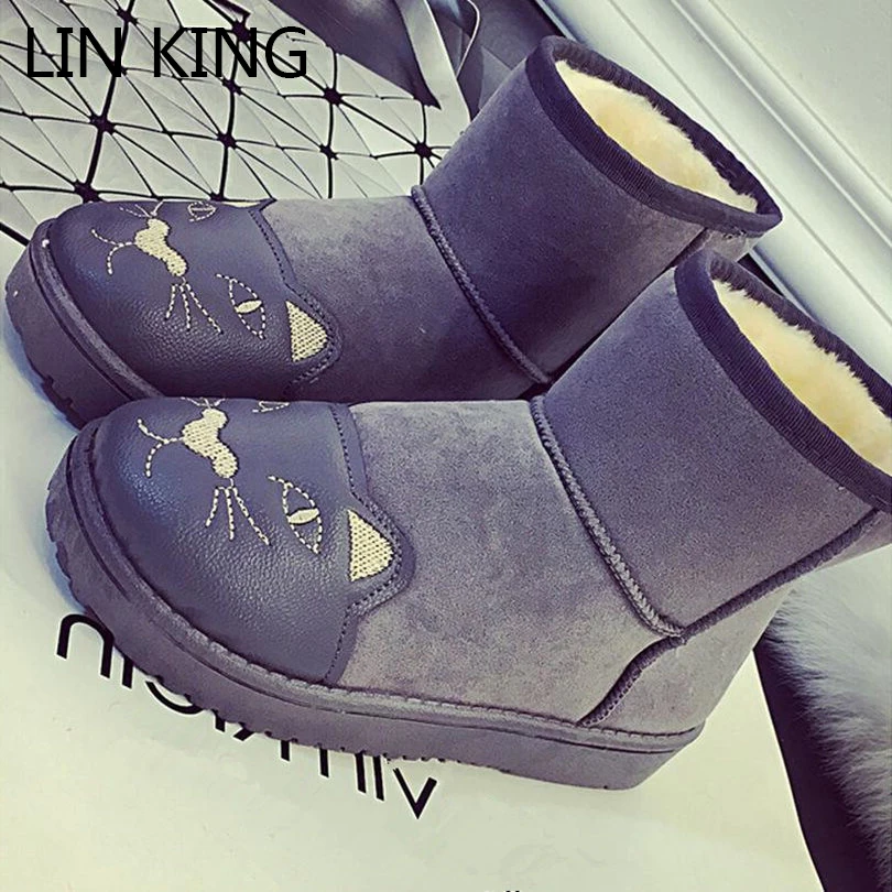 

LIN KING New Brand Women Snow Boots Short Plush Slip On Flock Cat Ankle Boots Warm Winter Round Toe Thick Sole Ankle Boats