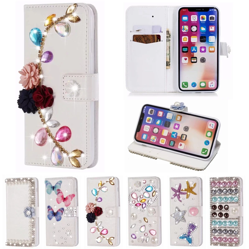 Чехол книжка из искусственной кожи с бриллиантами ручной работы для iPhone X XS Max XR 8 7