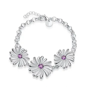 

Three Beautiful 925 Sterling Silver Flowers Embellishment Bracelets For Women Girlfriend Crystal Jewelry Festival Present