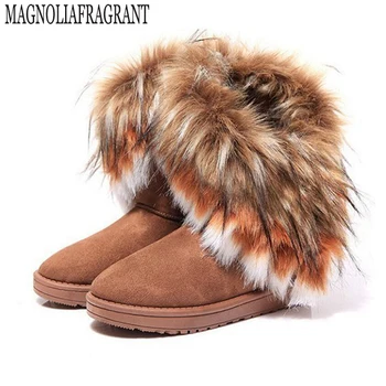 

tassel women's shoes 2017 Autumn Winter Warm high long snow boots artificial fox rabbit fur leather a172