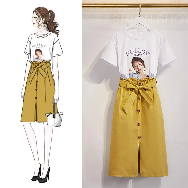 

Ruffled Split Bowtie Button Midi Skirt Women's Set High Waist Skirts O-neck Short Sleeve T-shirt 2019 Summer Students Suits