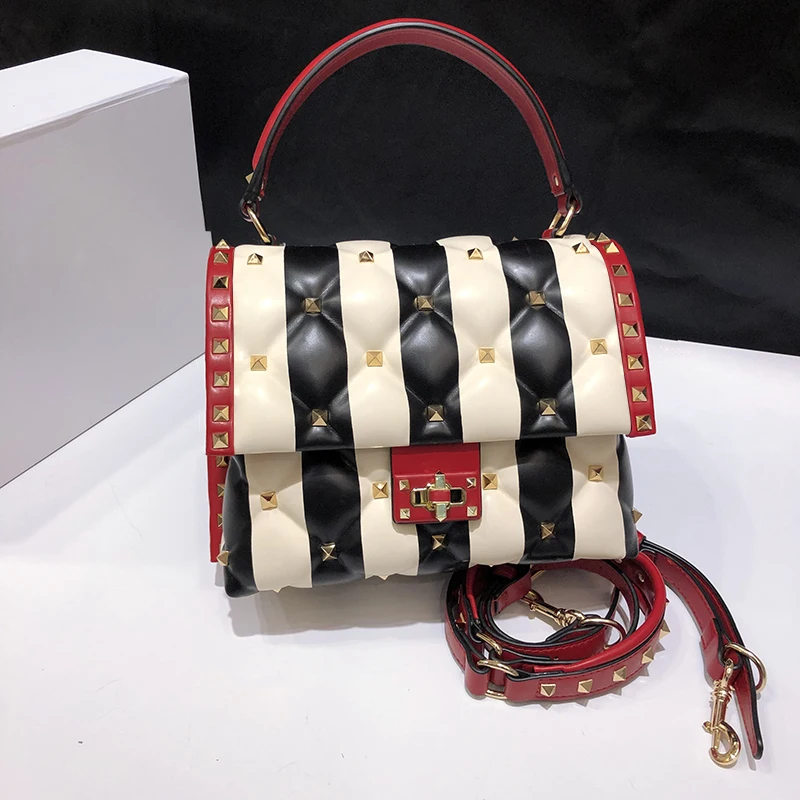 

Luxury Women's Bags, Well-known Italian Fashion Brands Shoulder Bags, Genuine Leather Rivet Handbags, Hit Color Stripe Tote Bags