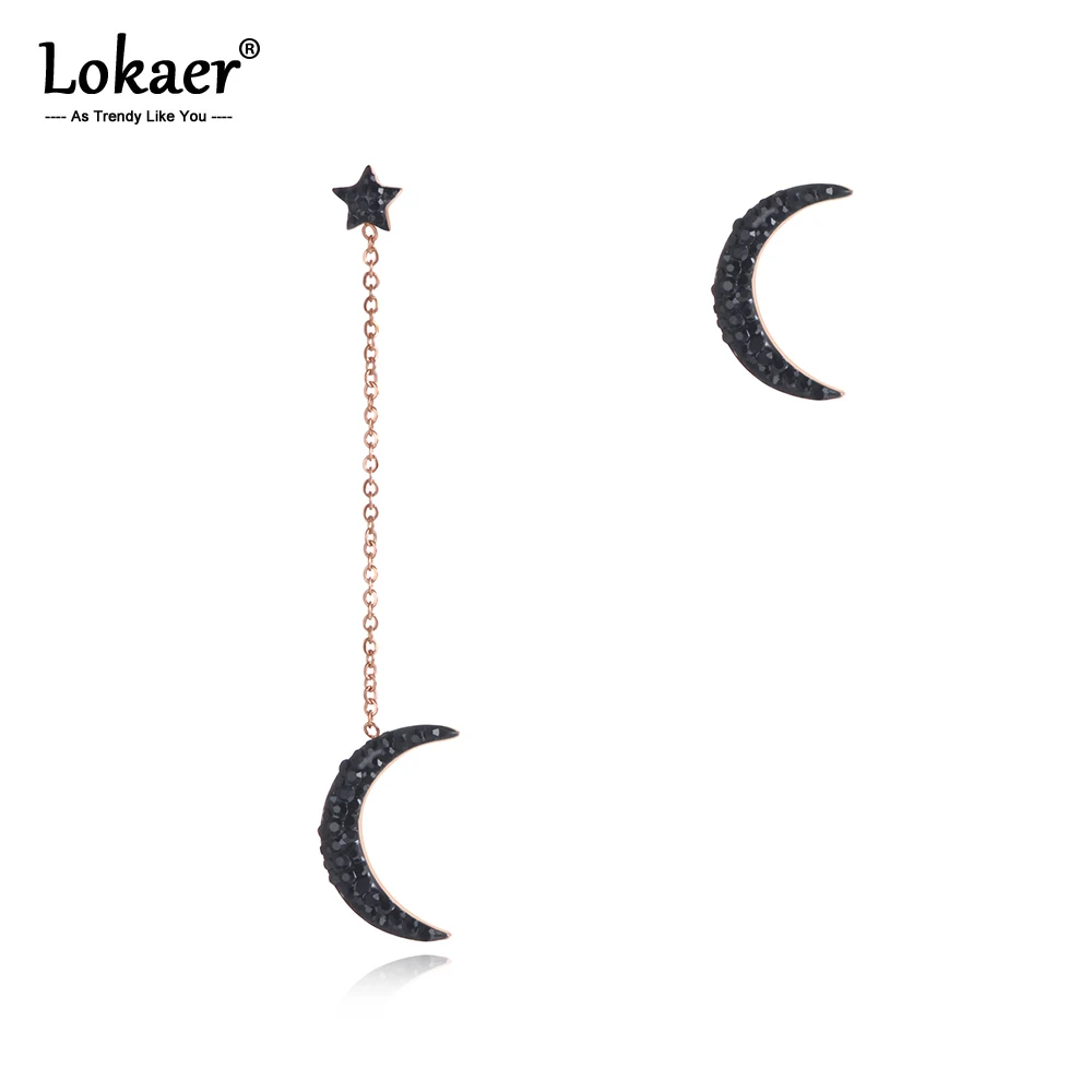 

Lokaer Trendy Titanium Stainless Steel Star Moon Earrings Rose Gold Handmade Black Clay Rhinestone Ear Jewelry For Women E19167