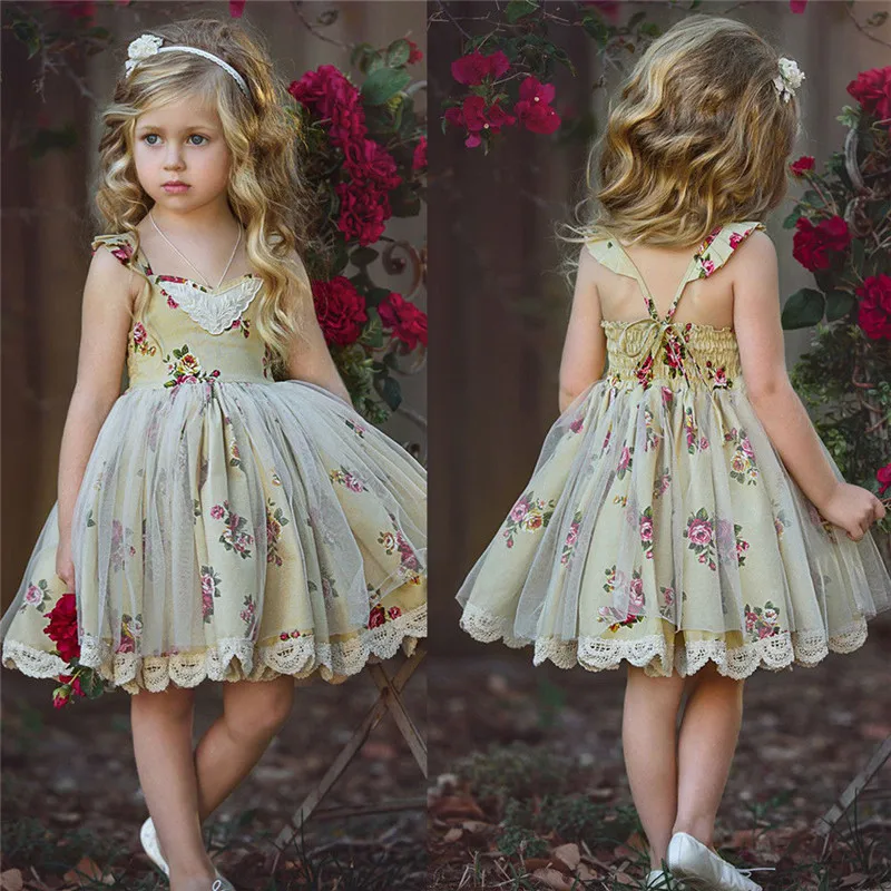 Flower print Girls Baby clothes V neck cotton sleeveless Lace Tulle