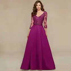 Vestido де Феста Лонго Фиолетовый Женщины Формальные Платья Длинное Вечернее Мать платья Кружева 3/4 Рукава Атласная V Шеи Вернуться Бусы