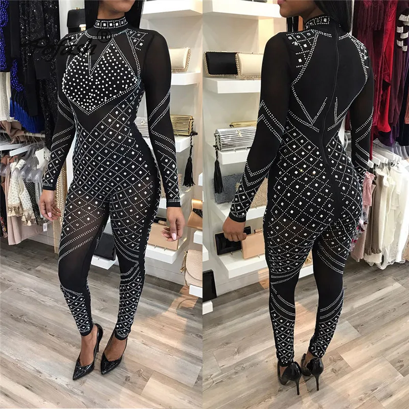 Pofash Autumn Winter Fashion Slim Crystal Patchwork Women Jumpsuit New Sexy Bodycon Long Playsuits Rompers Club Party Overalls | Женская