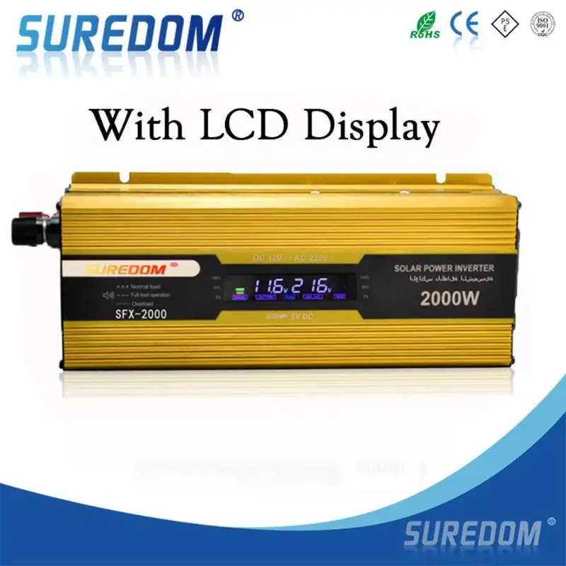 

SUREDOM 2200W Car Solar Power Inverter Voltage Transformer DC 12V to AC 220V Sine Wave Converter Double LCD Smart Mute Fan