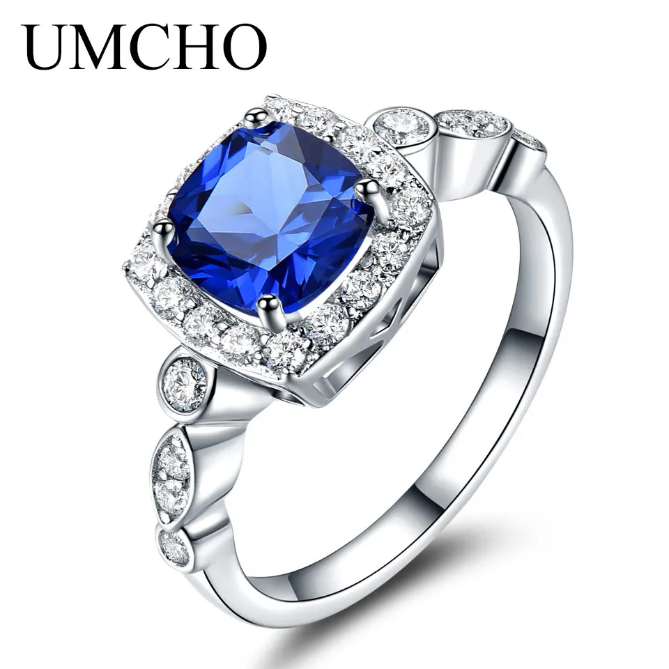 UMCHO, одноцветное 925 пробы, серебряное кольцо, кольца с голубым сапфиром Для Женщин, камень по месяцу рождения, подарки, Изумрудное кольцо, свадебное, обручальное, ювелирное изделие, подарок - Цвет камня: Sapphire